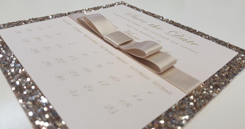 Wedding Business Dollybird Stationery Are Living The Dream At Storage Vault Work Space - champagne glitter save the date