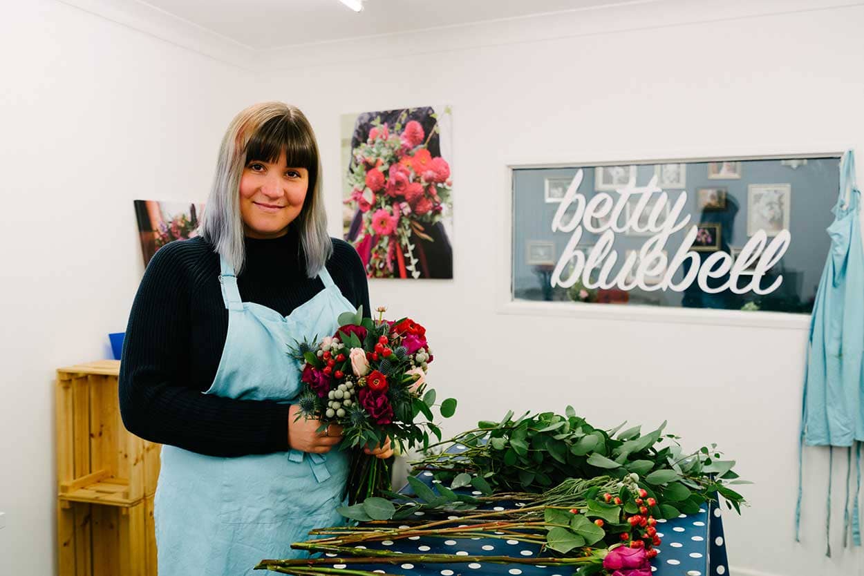 Successful Business Betty Bluebell - Emma Lawson, owner of wedding florist Betty Bluebell in her work space at Storage Vault.